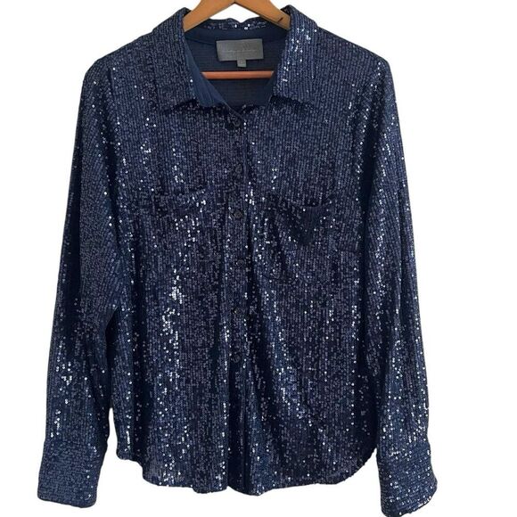 Sunday In Brooklyn Anthropologie Sequin Button up Shirt L Top Whimsigoth Disco - Picture 2 of 10